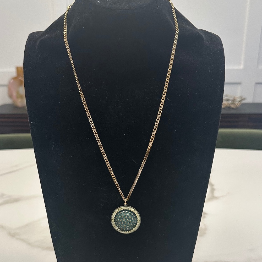 TOVA - Convex Green Circle Medallion Pendant Necklace w/ Yellow Patina Crystals